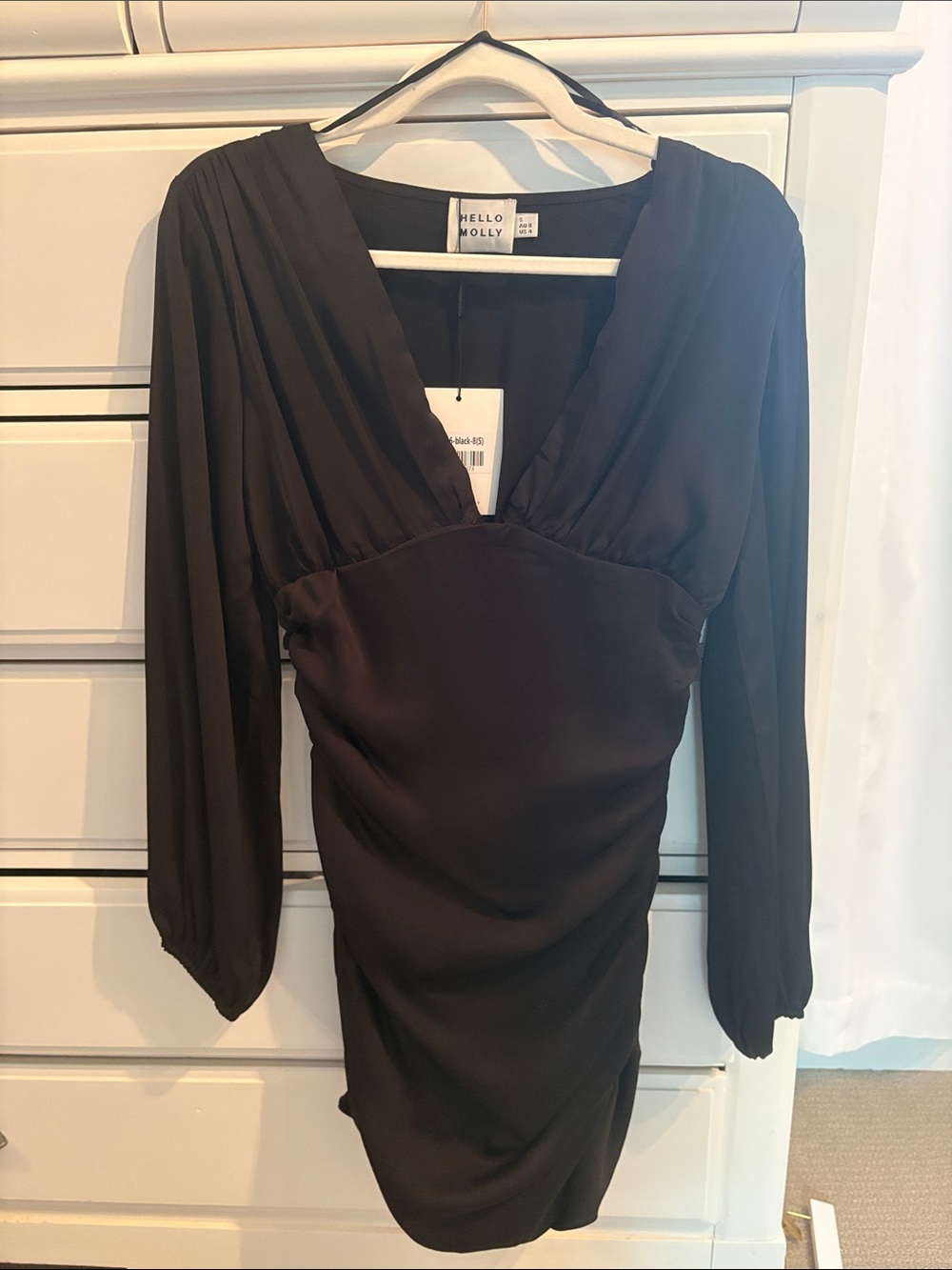 NWT Hello Molly Black Long Sleeve V-Neck Ruched Bodycon Dress Size Small